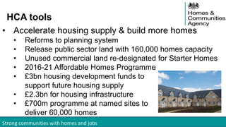 Strong communities with homes and jobs
HCA tools
• Accelerate housing supply & build more homes
• Reforms to planning system
• Release public sector land with 160,000 homes capacity
• Unused commercial land re-designated for Starter Homes
• 2016-21 Affordable Homes Programme
• £3bn housing development funds to
support future housing supply
• £2.3bn for housing infrastructure
• £700m programme at named sites to
deliver 60,000 homes
 