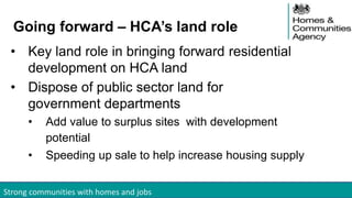 Strong communities with homes and jobs
Going forward – HCA’s land role
• Key land role in bringing forward residential
development on HCA land
• Dispose of public sector land for
government departments
• Add value to surplus sites with development
potential
• Speeding up sale to help increase housing supply
 