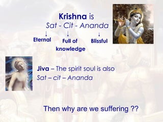 Krishna  is  Sat - Cit - Ananda Jiva  – The spirit soul is also Sat – cit – Ananda Then why are we suffering ?? Full of  knowledge Eternal Blissful 