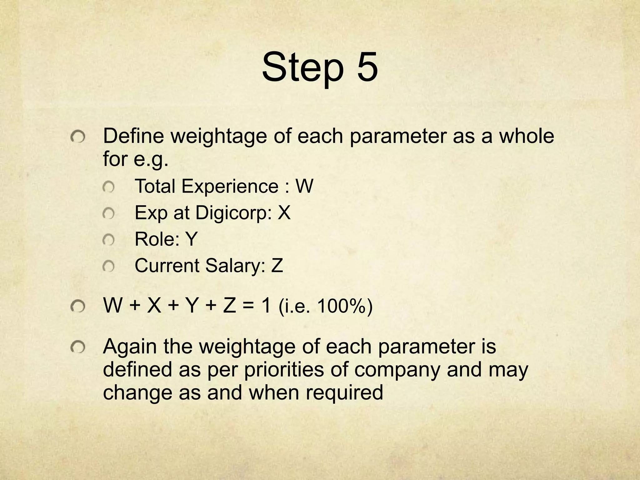 Step 5
Define weightage of each parameter as a whole
for e.g.
Total Experience : W
Exp at Digicorp: X
Role: Y
Current Salary: Z

W + X + Y + Z = 1 (i.e. 100%)
Again the weightage of each parameter is
defined as per priorities of company and may
change as and when required

 