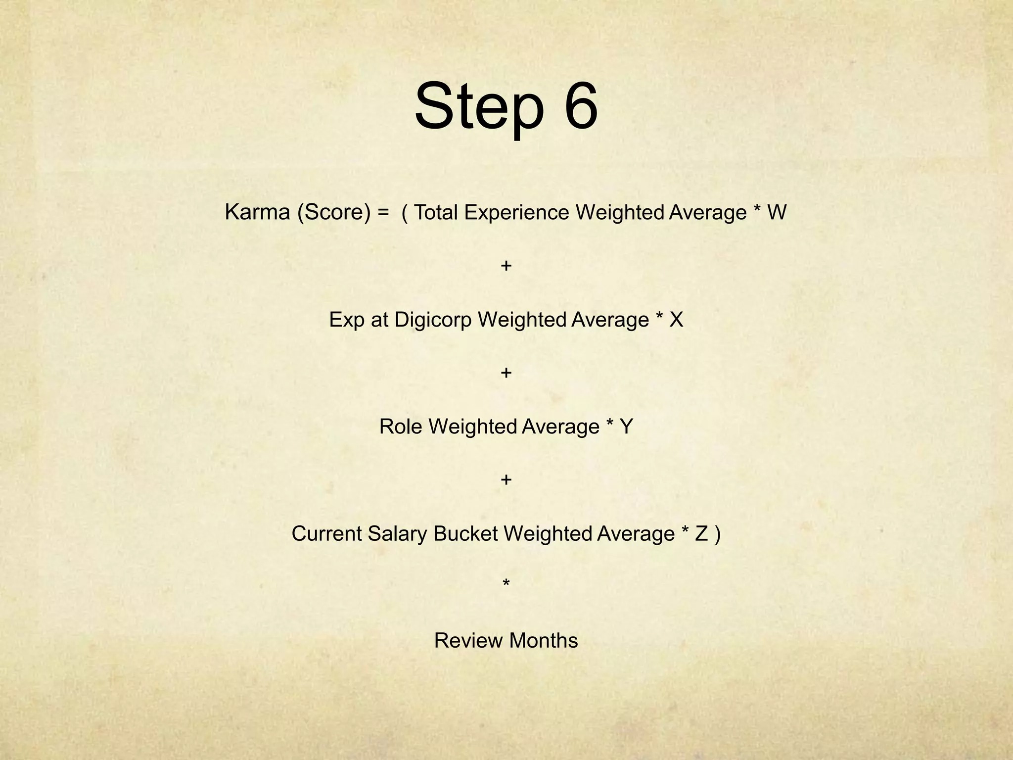 Step 6
Karma (Score) = ( Total Experience Weighted Average * W
+
Exp at Digicorp Weighted Average * X
+
Role Weighted Average * Y
+
Current Salary Bucket Weighted Average * Z )
*
Review Months

 