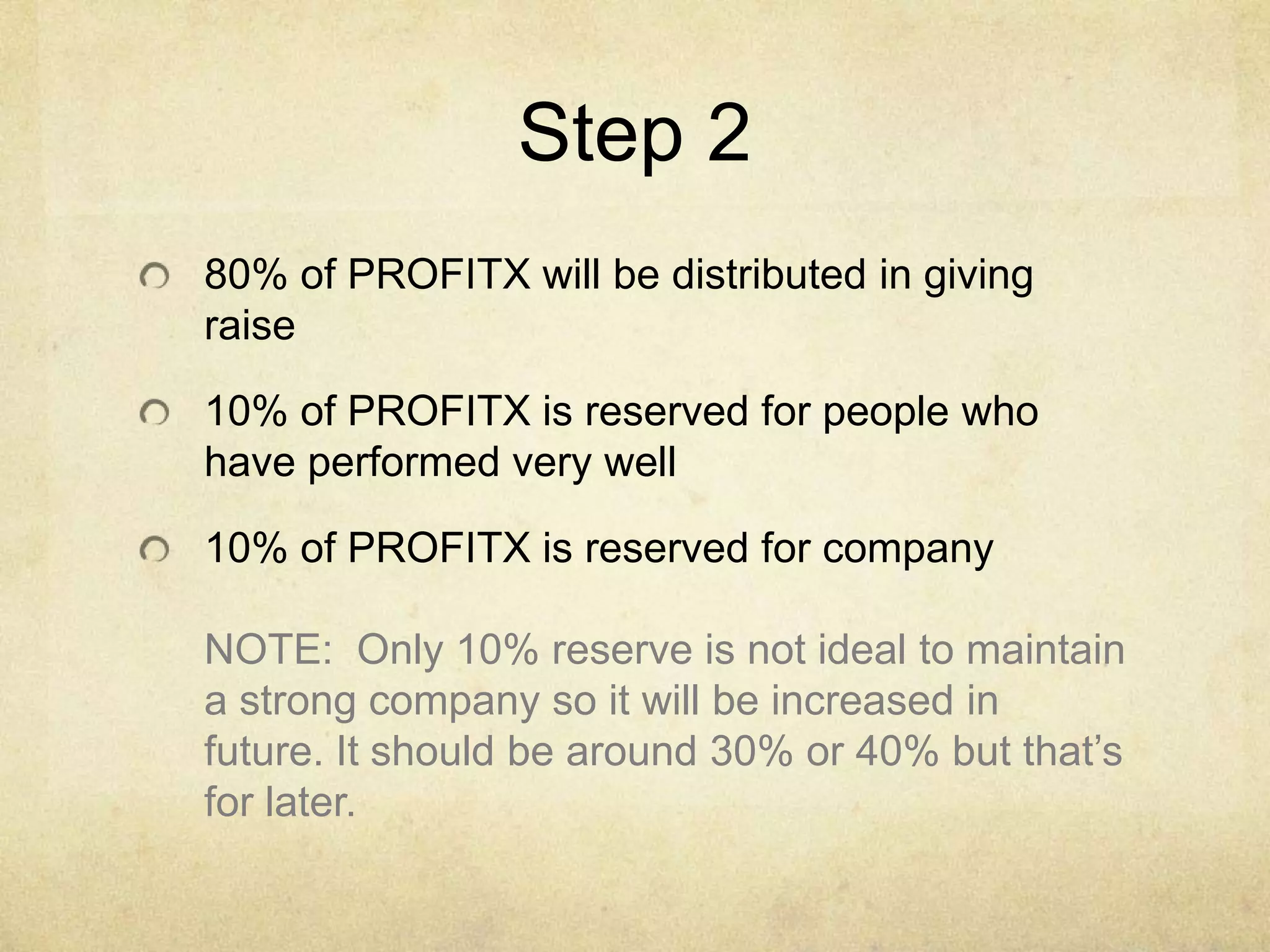 Step 2
80% of PROFITX will be distributed in giving
raise

10% of PROFITX is reserved for people who
have performed very well
10% of PROFITX is reserved for company
NOTE: Only 10% reserve is not ideal to maintain
a strong company so it will be increased in
future. It should be around 30% or 40% but that’s
for later.

 