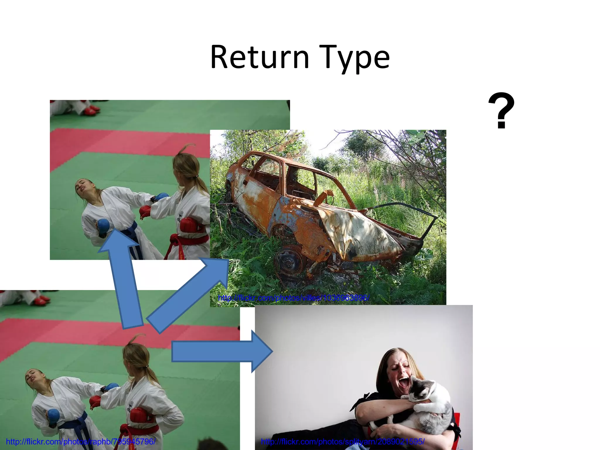 Return Type http://flickr.com/photos/raphb/795945796/ http://flickr.com/photos/villes/1036963896/ http://flickr.com/photos/splityarn/2089021595/ ? 