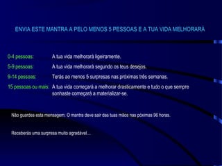 ENVIA ESTE MANTRA A PELO MENOS 5 PESSOAS E A TUA VIDA MELHORARÁ

0-4 pessoas:

A tua vida melhorará ligeiramente.

5-9 pessoas:

A tua vida melhorará segundo os teus desejos.

9-14 pessoas:

Terás ao menos 5 surpresas nas próximas três semanas.

15 pessoas ou mais: A tua vida começará a melhorar drasticamente e tudo o que sempre
sonhaste começará a materializar-se.

Não guardes esta mensagem. O mantra deve sair das tuas mãos nas póximas 96 horas.

Receberás uma surpresa muito agradável…

 