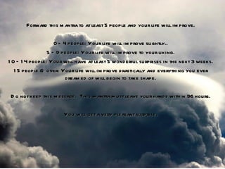 Forward this m antra to at least 5 people and your life will im prove.

                    0 – 4 people: Your life will im prove slightly..
                 5 – 9 people: Your life will im prove to your liking.
1 0 – 1 4 people: Your will have at least 5 wond erful surprises in the next 3 weeks.
   1 5 people & over: Your life will im prove d rastically and everything you ever
                         d ream ed of will begin to take shape.

 D o not keep this m essage. This m antra m ust leave your hand s within 96 hours.

                       You will get a very pleasant surprise.
 