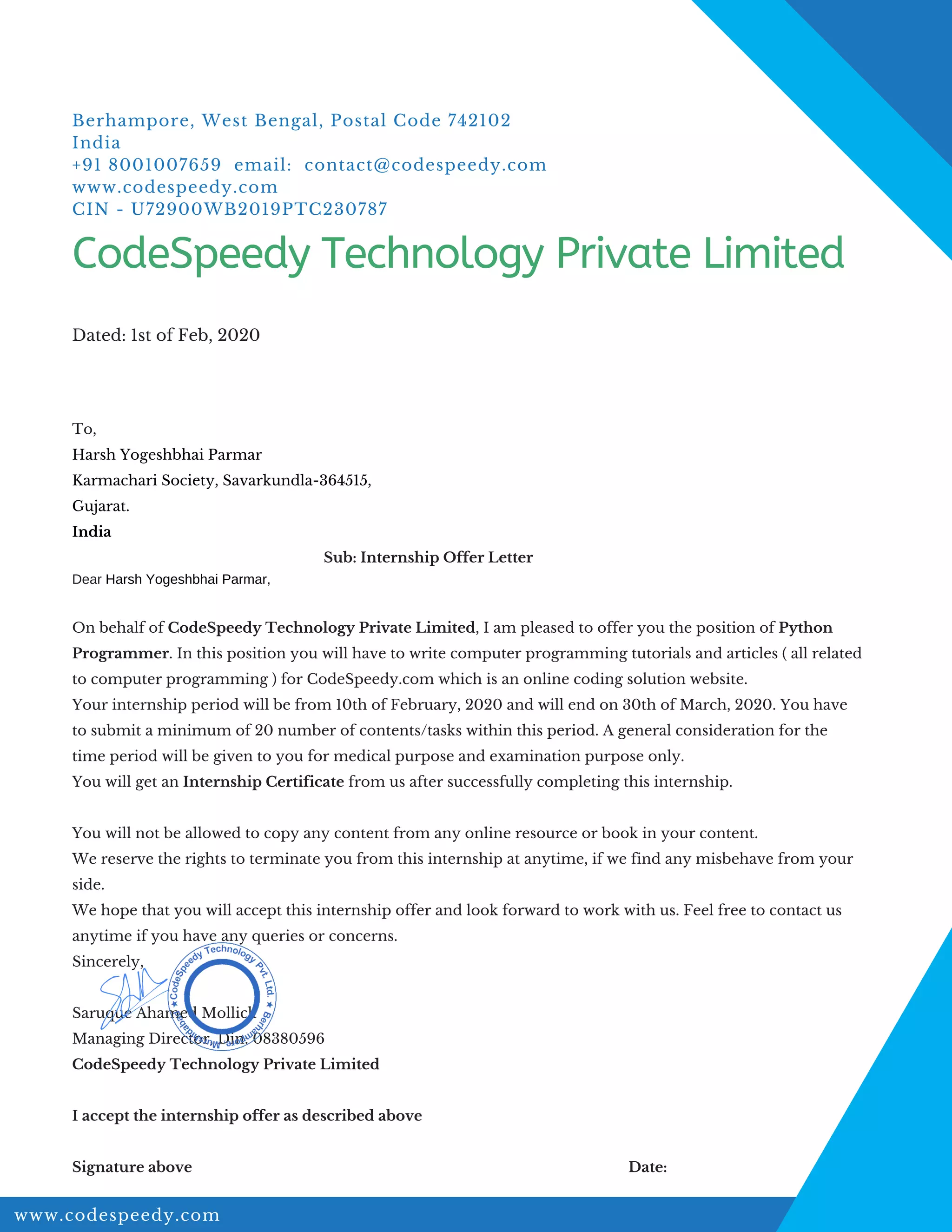 OfferLetter for Internship at CodeSpeedy Technology Private Limited | PDF
