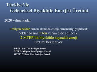 2020 yılına kadar
1 milyon hektar orman alanında enerji ormancılığı yapılacak,
hektar başına 5 ton verim elde edilecek,
2 MTEP’lik biyokütle kaynaklı enerji
üretimi bekleniyor.
BTEP: Bin Ton Eşdeğer Petrol
MTEP: Milyon Ton Eşdeğer Petrol
GTEP: Milyar Ton Eşdeğer Petrol
Türkiye’deTürkiye’de
Geleneksel Biyokütle Enerjisi ÜretimiGeleneksel Biyokütle Enerjisi Üretimi
 