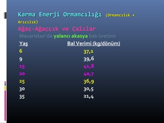 Macaristan’da yalancı akasya balı üretimi
Yaş Bal Verimi (kg/dönüm)
6 37,1
9 39,6
15 41,8
20 40,7
25 36,9
30 30,5
35 21,4
Karma Enerji OrmancılığıKarma Enerji Ormancılığı (Ormancılık +(Ormancılık +
Arıcılık)Arıcılık)
Ağaç-Ağaççık ve Çalılar
 