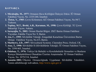KAYNAKÇA
1. Miraboğlu, M., 1977: Ormanın Hava Kirliliğini Önleyici Etkisi. İÜ Orman
Fakültesi Yayını, No. 2335/240, İstanbul.
2. Özten, Y., 1985: Çevre Kirlenmesi. KÜ Orman Fakültesi Yayını, No.94/7,
Trabzon.
3. Topbaş, M.T., Brohi, A.R., Karaman, M., 1998: Çevre Kirliliği. TC Çevre
Bakanlığı Yayını, Ankara.
4. Saraçoğlu, N., 2002: Orman Hasılat Bilgisi. ZKÜ Bartın Orman Fakültesi
Yayınları, Fakülte Yayın No: 9, Bartın.
5. Ata, C., 1995: Silvikültür Tekniği. Zonguldak Karaelmas Üniversitesi Bartın
Orman Fakültesi Yayını, No.4/3, Bartın.
6. Matthews, J.D., 1997: Silvicultural Systems. Clarendon Press, Oxford, UK.
7. Atay, İ., 1990: Silvikültür II (Silvikültürün Tekniği). İÜ Orman Fakültesi Yayını,
No. 3599/405, İstanbul.
8. Odabaşı, T., 1976: Türkiye’de Baltalık ve Korulubaltalık Ormanları ve Bunların
Koruya Dönüştürülmesi Olanakları Üzerine Araştırmalar. İÜ Orman Fakültesi
Yayını, No. 2079/218, İstanbul.
9. Anonim 2002: Ülkemiz Ormancılığında Uygulanan Silvikültür Teknikleri.
Temin edilebileceği web adresi, http://www.ogm.gov.tr
 