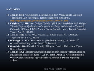 GENÇ – YILDIZ – DELİGÖZ 2006
KAYNAKÇA
10. Anonim 2004: Ağaçlandırma Yönetmeliğinin Bazı Maddelerinde Değişiklik
Yapılmasına Dair Yönetmelik. Temin edilebileceği web adresi,
http://rega.basbakanlik.gov.tr/Eskiler/2004/07/20040707.htm
11. Çalışkan, T., 1998: Hızlı Gelişen Türlerle İlgili Rapor. Workshop, Hızlı Gelişen
Türlerle Yapılan Ağaçlandırma Çalışmalarının Değerlendirilmesi ve Yapılacak
Çalışmalar, 8-9 Aralık 1998, Ankara, Orman Bakanlığı Yayın Dairesi Başkanlığı
Yayını, No. 83, 109-130.
12. Anonim 1985: Kayın. OAE Yayını, El Kitabı Dizisi No. 1, Muhtelif
Yayınlar Serisi No. 42, Ankara.
13. Saatçioğlu, F., 1978: Silvikültür II (Silvikültür Tekniği). II. Baskı, İÜ
Orman Fakültesi Yayını, No. 2490/268, İstanbul.
14. Genç, M., 2004: Silvikültür Tekniği. Süleyman Demirel Üniversitesi Yayını,
No. 46, Isparta.
15. Anonim 1983: Ormanların Gençleştirilmesine İmar Islahına ve Bakımlarına Ait
Silvikültürel Esaslar Tebliği (177/A). TC Tarım Orman ve Köyişleri Bakanlığı
Orman Genel Müdürlüğü Ağaçlandırma ve Silvikültür Dairesi Başkanlığı,
Ankara.
 