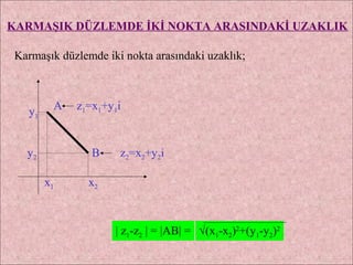 KARMAŞIK DÜZLEMDE İKİ NOKTA ARASINDAKİ UZAKLIK

 Karmaşık düzlemde iki nokta arasındaki uzaklık;



         A   z1=x1+y1i
   y1


   y2           B     z2=x2+y2i

        x1      x2



                     | z1-z2 | = |AB| = √(x1-x2)2+(y1-y2)2
 