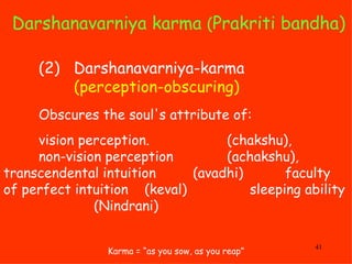 Darshanavarniya karma  ( Prakriti bandha) Karma = “as you sow, as you reap” (2) Darshanavarniya-karma  (perception-obscuri...