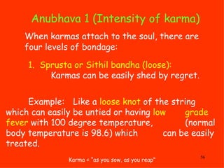 Anubhava 1 (Intensity of karma) Karma = “as you sow, as you reap” When karmas attach to the soul, there are  four levels o...