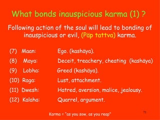 What bonds inauspicious karma (1) ?   (7)  Maan:   Ego. (kashäya). (8)  Maya:   Deceit, treachery, cheating  (kashäya) (9)...