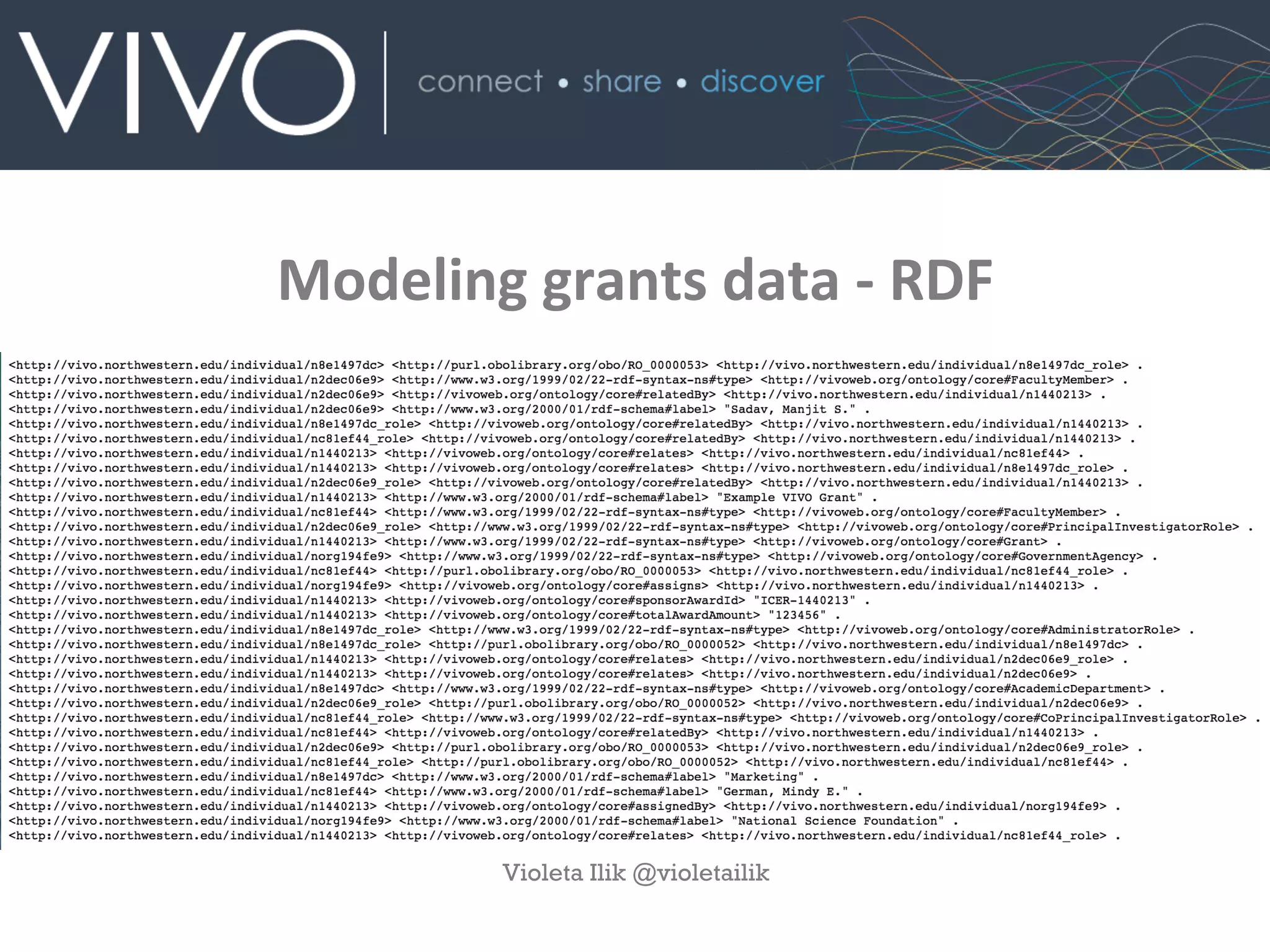Modeling	
  grants	
  data	
  -­‐	
  RDF
Violeta Ilik @violetailik
 