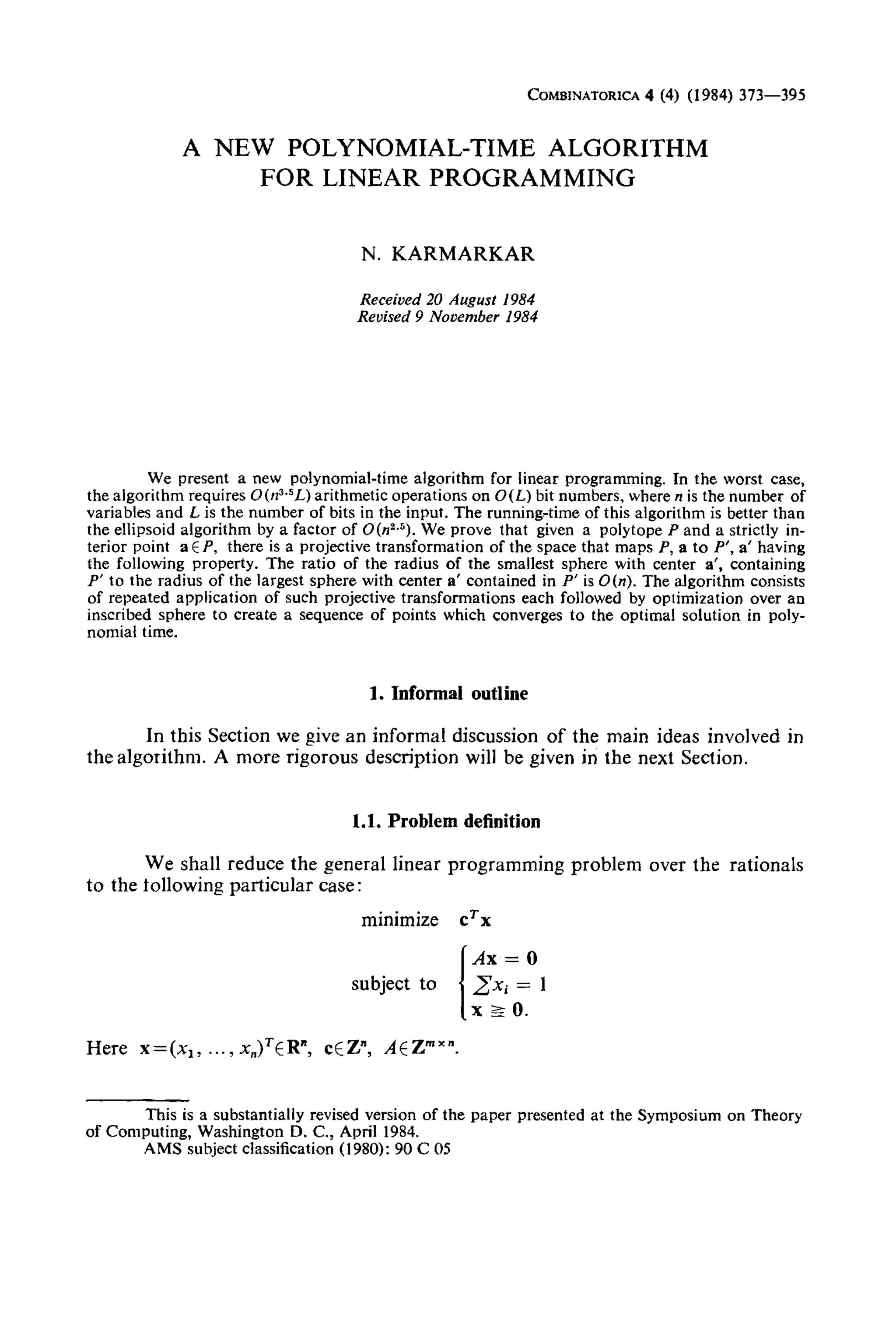 A New Polynomial-Time Algorithm for Linear Programming | PDF