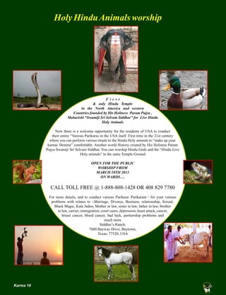 Karma 10
F i r s t
& only Hindu Temple
in the North America and western
Countries founded by His Holiness Param Pujya ,
Maharishi “Swamiji Sri Selvam Siddhar” for Live Hindu
Holy Animals
Now there is a welcome opportunity for the residents of USA to conduct
their entire “Various Parikaras in the USA itself. First time in the 21st century
where you can perform various rituals to the Hindu Holy animals to “make up your
karma/ Destiny” comfortable. Another world History created by His Holiness Param
Pujya Swamiji Sri Selvam Siddhar. You can worship Hindu Gods and the “Hindu Live
Holy animals” in the same Temple Ground
OPEN FOR THE PUBLIC
WORSHIP FROM
MARCH 10TH 2013
ON WARDS….
CALL TOLL FREE @ 1-888-808-1428 OR 408 829 7780
For more details, and to conduct various Parikara/ Parikaram / for your various
problems with relates to :-Marriage, Divorce, Business, relationship, Sexual,
Black Magic, Kala Jadoo, Mother in law, sister in law, father in law, brother
in law, carrier, immigration, court cases, depression, heart attack, cancer,
breast cancer, blood cancer, bad luck, partnership problems and
much more
Siddhar’s Ranch,
7600 Bayway Drive, Baytown,
Texas- 77520, USA
HolyHinduAnimalsworship
 