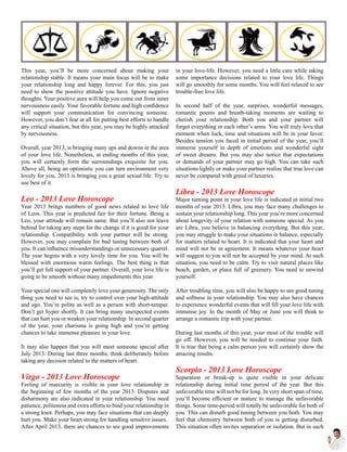 This year, you’ll be more concerned about making your
relationship stable. It means your main focus will be to make
your relationship long and happy forever. For this, you just
need to show the positive attitude you have. Ignore negative
thoughts. Your positive aura will help you come out from inner
nervousness easily. Your favorable fortune and high confidence
will support your communication for convincing someone.
However, you don’t fear at all for putting best efforts to handle
any critical situation, but this year, you may be highly attacked
by nervousness.
Overall, year 2013, is bringing many ups and downs in the area
of your love life. Nonetheless, at ending months of this year,
you will certainly form the surroundings exquisite for you.
Above all, being an optimistic you can turn environment very
lovely for you. 2013 is bringing you a great sexual life. Try to
use best of it.
Leo - 2013 Love Horoscope
Year 2013 brings numbers of good news related to love life
of Leos. This year is predicted fair for their fortune. Being a
Leo, your attitude will remain same. But you’ll also not leave
behind for taking any steps for the change if it is good for your
relationship. Compatibility with your partner will be strong.
However, you may complain for bad tuning between both of
you. It can influence misunderstandings or unnecessary quarrel.
The year begins with a very lovely time for you. You will be
blessed with enormous warm feelings. The best thing is that
you’ll get full support of your partner. Overall, your love life is
going to be smooth without many impediments this year.
Your special one will completely love your generosity. The only
thing you need to see is, try to control over your high-attitude
and ego. You’re polite as well as a person with short-temper.
Don’t get hyper shortly. It can bring many unexpected events
that can hurt you or weaken your relationship. In second quarter
of the year, your charisma is going high and you’re getting
chances to take immense pleasure in your love.
It may also happen that you will meet someone special after
July 2013. During last three months, think deliberately before
taking any decision related to the matters of heart.
Virgo - 2013 Love Horoscope
Feeling of insecurity is visible in your love relationship in
the beginning of few months of the year 2013. Disputes and
disharmony are also indicated in your relationship. You need
patience, politeness and extra efforts to bind your relationship in
a strong knot. Perhaps, you may face situations that can deeply
hurt you. Make your heart strong for handling sensitive issues.
After April 2013, there are chances to see good improvements
in your love-life. However, you need a little care while taking
some importance decisions related to your love life. Things
will go smoothly for some months. You will feel relaxed to see
trouble-free love life.
In second half of the year, surprises, wonderful messages,
romantic poems and breath-taking moments are waiting to
cherish your relationship. Both you and your partner will
forget everything in each other’s arms. You will truly love that
moment when luck, time and situations will be in your favor.
Besides tension you faced in initial period of the year, you’ll
immerse yourself in depth of emotions and wonderful sight
of sweet dreams. But you may also notice that expectations
or demands of your partner may go high. You can take such
situations lightly or make your partner realize that true love can
never be compared with greed of luxuries.
Libra - 2013 Love Horoscope
Major turning point in your love life is indicated in initial two
months of year 2013. Libra, you may face many challenges to
sustain your relationship long. This year you’re more concerned
about longevity of your relation with someone special. As you
are Libra, you believe in balancing everything. But this year,
you may struggle to make your situations in balance, especially
for matters related to heart. It is indicated that your heart and
mind will not be in agreement. It means whatever your heart
will suggest to you will not be accepted by your mind. At such
situation, you need to be calm. Try to visit natural places like
beach, garden, or place full of greenery. You need to unwind
yourself.
After troubling time, you will also be happy to see good tuning
and softness in your relationship. You may also have chances
to experience wonderful events that will fill your love life with
immense joy. In the month of May or June you will think to
arrange a romantic trip with your partner.
During last months of this year, your most of the trouble will
go off. However, you will be needed to continue your faith.
It is true that being a calm person you will certainly show the
amazing results.
Scorpio - 2013 Love Horoscope
Separation or break-up is quite visible in your delicate
relationship during initial time period of the year. But this
unfavorable time will not be for long. In very short span of time,
you’ll become efficient or mature to manage the unfavorable
things. Some time-period will totally be unfavorable for both of
you. This can disturb good tuning between you both. You may
feel that chemistry between both of you is getting disturbed.
This situation often invites separation or isolation. But in such
 