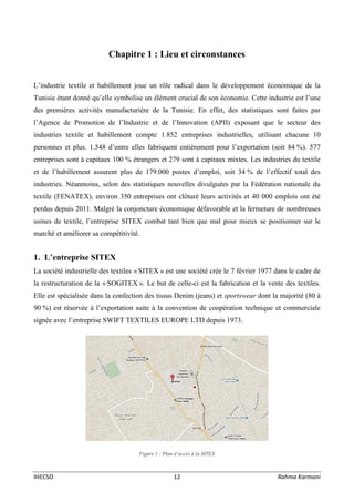 IHECSO 12 Rahma Karmani
Chapitre 1 : Lieu et circonstances
L’industrie textile et habillement joue un rôle radical dans le développement économique de la
Tunisie étant donné qu’elle symbolise un élément crucial de son économie. Cette industrie est l’une
des premières activités manufacturière de la Tunisie. En effet, des statistiques sont faites par
l’Agence de Promotion de l’Industrie et de l’Innovation (APII) exposant que le secteur des
industries textile et habillement compte 1.852 entreprises industrielles, utilisant chacune 10
personnes et plus. 1.548 d’entre elles fabriquent entièrement pour l’exportation (soit 84 %). 577
entreprises sont à capitaux 100 % étrangers et 279 sont à capitaux mixtes. Les industries du textile
et de l’habillement assurent plus de 179.000 postes d’emploi, soit 34 % de l’effectif total des
industries. Néanmoins, selon des statistiques nouvelles divulguées par la Fédération nationale du
textile (FENATEX), environ 350 entreprises ont clôturé leurs activités et 40 000 emplois ont été
perdus depuis 2011. Malgré la conjoncture économique défavorable et la fermeture de nombreuses
usines de textile, l’entreprise SITEX combat tant bien que mal pour mieux se positionner sur le
marché et améliorer sa compétitivité.
1. L’entreprise SITEX
La société industrielle des textiles « SITEX » est une société crée le 7 février 1977 dans le cadre de
la restructuration de la « SOGITEX ». Le but de celle-ci est la fabrication et la vente des textiles.
Elle est spécialisée dans la confection des tissus Denim (jeans) et sportswear dont la majorité (80 à
90 %) est réservée à l’exportation suite à la convention de coopération technique et commerciale
signée avec l’entreprise SWIFT TEXTILES EUROPE LTD depuis 1973.
Figure 1 : Plan d’accès à la SITEX
 
