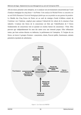 Mémoire de Stage : Déploiement du Lean Management au sein de l’entreprise SITEX
IHECSO 16 Rahma Karmani
Afin de mieux présenter cette entreprise, on va analyser son environnement concurrentiel par l’outil
d’analyse stratégique les cinq forces +1 de Porter. Cette analyse de Michaël Porter se concentre sur
un seul DAS (Domaine d’Activité Stratégique) plutôt que sur un produit ou une gamme de produits.
Le Modèle des Cinq Forces de Porter est un outil de stratégie d’unité d’affaires orienté de
l’extérieur vers l’intérieur, employé pour analyser l’attractivité (la valeur) de la structure d’une
industrie. L’analyse des forces de la concurrence est faite par l’identification de 5 forces
fondamentales de concurrence tout en ajoutant un sixième facteur de concurrence : l’Etat. Elles
peuvent agir indépendamment les unes des autres avec une intensité propre. Elles influencent
toutes, par leurs actions directes ou indirectes, la performance de l’entreprise. À l’origine de ces
forces, on trouve 6 groupes d’acteurs : concurrents, clients, Pouvoir public, fournisseurs, entrants
potentiels et produits de substitution.
Figure 3 : Les 5 forces de PORTER
 