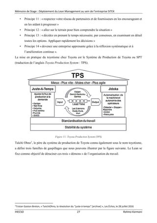 Mémoire de Stage : Déploiement du Lean Management au sein de l’entreprise SITEX
IHECSO 27 Rahma Karmani
• Principe 11 : « respectez votre réseau de partenaires et de fournisseurs en les encourageant et
en les aidant à progresser »
• Principe 12 : « allez sur le terrain pour bien comprendre la situation »
• Principe 13 : « décidez en prenant le temps nécessaire, par consensus, en examinant en détail
toutes les options. Appliquer rapidement les décisions »
• Principe 14 « devenez une entreprise apprenante grâce à la réflexion systématique et à
l’amélioration continue ».
La mise en pratique du toyotisme chez Toyota est le Système de Production de Toyota ou SPT
(traduction de l’anglais Toyota Production System : TPS).
Figure 11: Toyota Production System (TPS)
Taïchi Ohno1
, le père du système de production de Toyota connu également sous le nom toyotisme,
a défini trois familles de gaspillages que nous pouvons illustrer par la figure suivante. Le Lean se
fixe comme objectif de déraciner ces trois « démons » de l’organisation du travail.
1
Tristan Gaston-Breton, « TaiichiOhno, la révolution du “juste-à-temps” [archive] », Les Échos, le 28 juillet 2016
 