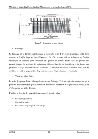 Mémoire de Stage : Déploiement du Lean Management au sein de l’entreprise SITEX
IHECSO 44 Rahma Karmani
figure 5 : Sens trame et sens chaine
 Finissage
Le finissage est la dernière opération que le tissu subit avant d’être visité et expédié. Cette étape
consiste la dernière étape de l’ennoblissement. En effet, le tissu subit un traitement de finition
mécanique et chimique pour améliorer ses qualités et ajouter d’autre tout en gardant ses
caractéristiques. On applique des traitements différents dans le but d’améliorer et de donner des
propriétés d’usage favorable tel que le toucher, la brillance, la facilité d’entretien ainsi que de
modifier et conférer les propriétés de protection comme l’hydrofugation et l’antitache.
 Visite des pièces finies
La visite des pièces finies est la deuxième étape de finissage. C’est une opération de contrôle qui a
pour but de déterminer la qualité du tissu en fonction de nombre et de la gravité des défauts. Elle
s’effectue sur des tables de visite.
L’atelier de la visite des pièces finies comprend 3 grandes salles :
• Une salle de contrôle
• Une salle d’audit
• Une salle d’étiquetage et d’emballage
 