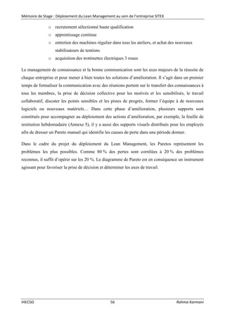 Mémoire de Stage : Déploiement du Lean Management au sein de l’entreprise SITEX
IHECSO 56 Rahma Karmani
o recrutement sélectionné haute qualification
o apprentissage continue
o entretien des machines régulier dans tous les ateliers, et achat des nouveaux
stabilisateurs de tentions
o acquisition des trottinettes électriques 3 roues
Le management de connaissance et la bonne communication sont les axes majeurs de la réussite de
chaque entreprise et pour mener à bien toutes les solutions d’amélioration. Il s’agit dans un premier
temps de formaliser la communication avec des réunions portent sur le transfert des connaissances à
tous les membres, la prise de décision collective pour les motivés et les sensibilisés, le travail
collaboratif, discuter les points sensibles et les pistes de progrès, former l’équipe à de nouveaux
logiciels ou nouveaux matériels… Dans cette phase d’amélioration, plusieurs supports sont
constitués pour accompagner au déploiement des actions d’amélioration, par exemple, la feuille de
restitution hebdomadaire (Annexe 5), il y a aussi des supports visuels distribués pour les employés
afin de dresser un Pareto manuel qui identifie les causes de perte dans une période donner.
Dans le cadre du projet du déploiement du Lean Management, les Paretos représentent les
problèmes les plus possibles. Comme 80 % des pertes sont corrélées à 20 % des problèmes
reconnus, il suffit d’opérer sur les 20 %. Le diagramme de Pareto est en conséquence un instrument
agissant pour favoriser la prise de décision et déterminer les axes de travail.
 