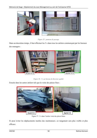 Mémoire de Stage : Déploiement du Lean Management au sein de l’entreprise SITEX
IHECSO 58 Rahma Karmani
Figure 35 : panneau de passage
Dans un deuxième temps, il faut effectuer les 5 s dans tous les ateliers commençant par les bureaux
des managers :
Figure 36 : 5 s au bureau de directeur qualité
Ensuite dans les autres ateliers tels que la visite des pièces fines :
Figure 37 : 5 s dans l’atelier visite des pièces finies
Et pour éviter les déplacements inutiles des mainteneurs ; ce rangement sera plus visible et plus
efficace.
Avant 5 S Après 5 S
 
