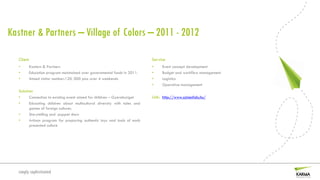 Kastner & Partners – Village of Colors – 2011 - 2012

   Client                                                                   Service
   •        Kastern & Partners                                              •    Event concept development
   •        Education program maintained over governmental funds in 2011.   •    Budget and workflow management
   •        Aimed visitor number:120. 000 pax over 4 weekends               •    Logistics
                                                                            •    Operative management
   Solution
   •    Connection to existing event aimed for children – Gyereksziget      Link: http://www.szinesfalu.hu/
   •    Educating children about multicultural diversity with tales and
        games of foreign cultures.
   •    Storytelling and puppet show
   •    Artisan program for preparing authentic toys and tools of each
        presented culture




  simply sophisticated
 