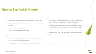 Heineken Beer Festival Activation

   Brief                                                                       Solution
   •       Introduce the stages of brewing in a spectacular and quality way.   •     Lying beer can, where guest enter over the bottom part and finish

   •       Educate guests on the components of the beer and the process of           the tour with exiting over the top part of the can installation.

           brewing.                                                            •     Professional brewer takes guests through the process of brewery

   •       Enforce communication with guests                                         from introduction of basic materials to the final product of the

   •       Enforce the image of the beer as a drink                                  beer that everyone can enjoy.

                                                                               •     Guests can taste, smell, touch each material and production phase
                                                                                     of the brewery.
   Task

   •       Create overall concept based on the brief including visualization
           plans with planned tools and installations

   •       Produce and operate installation and activation during the event
                                                                               * Project created with a cooperation of our strategic partner.




  simply sophisticated
 