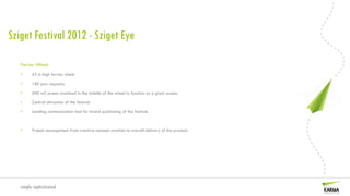 Sziget Festival 2012 - Sziget Eye

   Ferries Wheel
   •     42 m high ferries wheel

   •     180 pax capacity

   •     500 m2 screen stretched in the middle of the wheel to function as a giant screen.

   •     Central attraction of the festival

   •     Leading communication tool for brand positioning of the festival.



   •     Project management from creative concept creation to overall delivery of the product.




   simply sophisticated
 