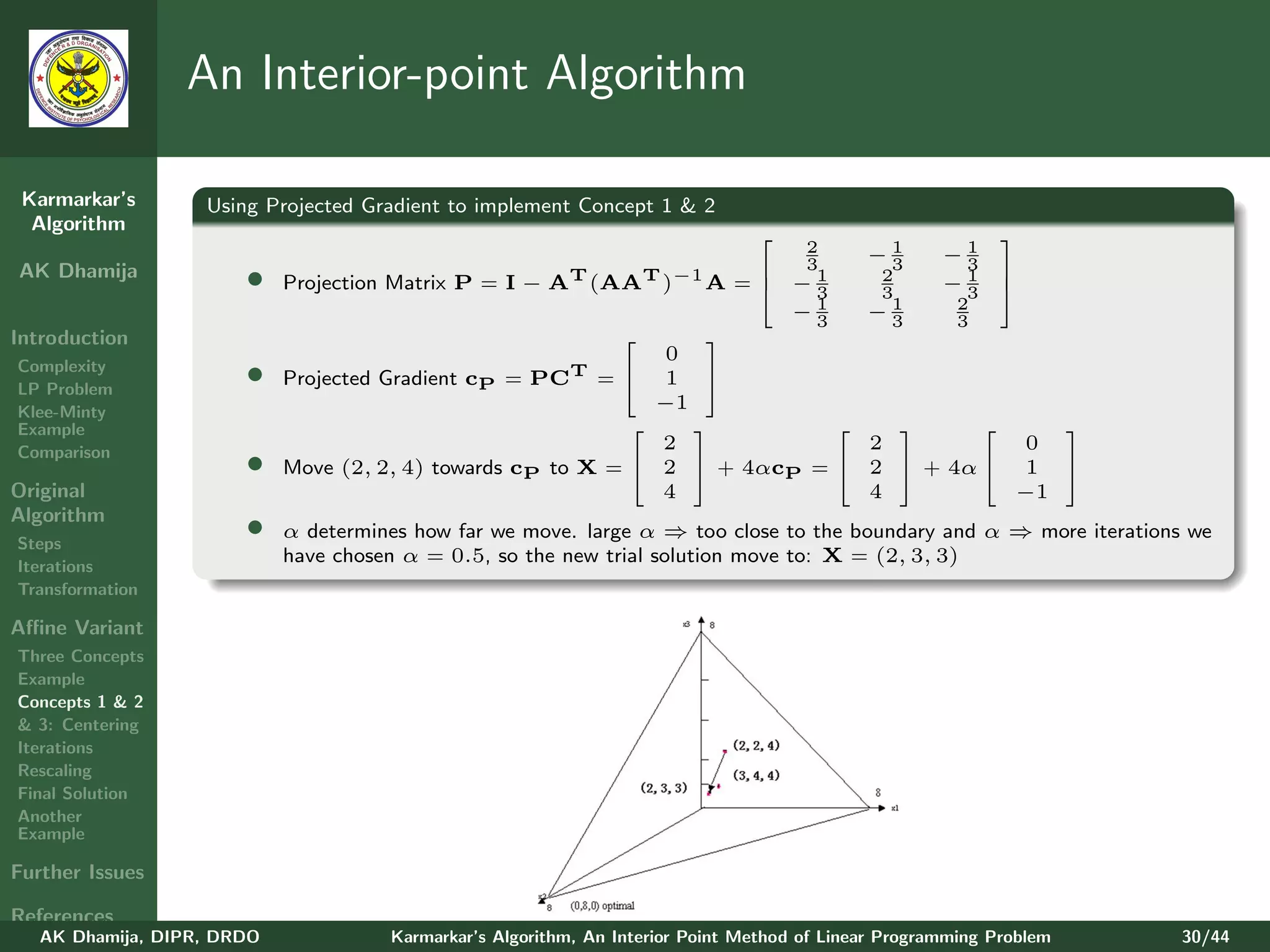 An Interior-point Algorithm

 Karmarkar’s       Using Projected Gradient to implement Concept 1 & 2
  Algorithm
                                                                                         
                                                                         2    −1   −3 1
                                                                         3      3
AK Dhamija             •    Projection Matrix P = I − AT (AAT )−1 A =  − 1
                                                                      
                                                                          3
                                                                               2
                                                                               3
                                                                                      1 
                                                                                   −3 
                                                                        −13
                                                                              −13
                                                                                     2
                                                                                     3
Introduction                                                      
                                                               0
Complexity
LP Problem
                       •                                T
                            Projected Gradient cP = PC =  1 
Klee-Minty                                                     −1
Example                                                                                  
Comparison                                                     2              2             0
                       •    Move (2, 2, 4) towards cP to X =  2  + 4αcP =  2  + 4α  1 
Original                                                       4              4            −1
Algorithm
Steps
                       •    α determines how far we move. large α ⇒ too close to the boundary and α ⇒ more iterations we
Iterations
                            have chosen α = 0.5, so the new trial solution move to: X = (2, 3, 3)
Transformation

Aﬃne Variant
Three Concepts
Example
Concepts 1 & 2
& 3: Centering
Iterations
Rescaling
Final Solution
Another
Example

Further Issues

References
   AK Dhamija, DIPR, DRDO             Karmarkar’s Algorithm, An Interior Point Method of Linear Programming Problem   30/44
 