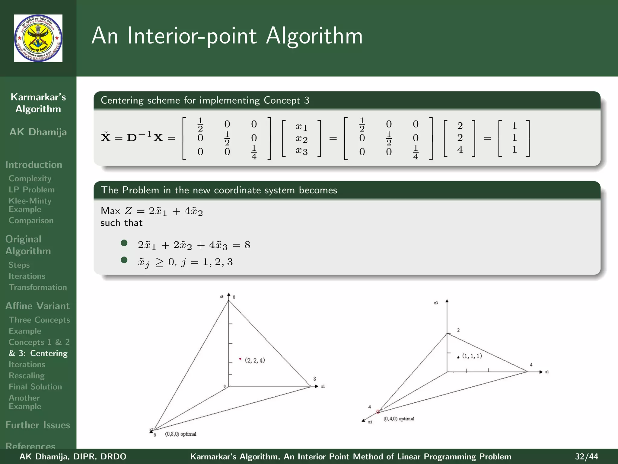 An Interior-point Algorithm

 Karmarkar’s       Centering scheme for implementing Concept 3
  Algorithm
                                                                                           
                                       1     0    0
                                                                             1     0      0
                                                                                                        
                                                           x1                                     2     1
AK Dhamija                          2                                        2
                   X = D−1 X =  0
                   ˜                         1    0   x2  =               0     1      0      2 = 1 
                                                                                             
                                             2                                      2          
                                       0     0    1        x3                 0     0      1      4     1
                                                    4                                      4
Introduction
Complexity
LP Problem         The Problem in the new coordinate system becomes
Klee-Minty
Example            Max Z = 2˜1 + 4˜2
                             x    x
Comparison         such that
Original
Algorithm
                       •    2˜1 + 2˜2 + 4˜3 = 8
                             x     x     x
Steps                  •    xj ≥ 0, j = 1, 2, 3
                            ˜
Iterations
Transformation

Aﬃne Variant
Three Concepts
Example
Concepts 1 & 2
& 3: Centering
Iterations
Rescaling
Final Solution
Another
Example

Further Issues

References
   AK Dhamija, DIPR, DRDO             Karmarkar’s Algorithm, An Interior Point Method of Linear Programming Problem   32/44
 