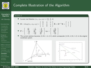 Complete Illustration of the Algorithm

 Karmarkar’s
  Algorithm        Iteration 2

AK Dhamija             •    Current trial Solution (x1 , x2 , x3 ) = ( 5 , 7 , 2)
                                                                       2 2
                                                           5                                 
                                                               2
                                                                     0     0                  1
Introduction           •    D = diag{x1 , x2 , x3 } =  0            7
                                                                     2
                                                                           0 X=D ˜    −1
                                                                                          X= 1 
Complexity                                                     0     0     2                  1
LP Problem                                                                        
                                       13      − 187      −9 2                  − 11
Klee-Minty                             18                                         12 
Example                •    P =  − 18
                                        7       41
                                                 90
                                                         − 14  cP =  133 
                                                            45
                                                                          
                                                                                 60
Comparison                               2
                                      −9       − 14
                                                  45
                                                          37
                                                          45
                                                                                − 41
                                                                                  15
Original
Algorithm
                       •    The current solution becomes (0.83, 1.4, 0.5) which corresponds (2.08, 4.92, 1.0) in the original
                            coordinate system
Steps
Iterations
Transformation

Aﬃne Variant
Three Concepts
Example
Concepts 1 & 2
& 3: Centering
Iterations
Rescaling
Final Solution
Another
Example

Further Issues

References
   AK Dhamija, DIPR, DRDO              Karmarkar’s Algorithm, An Interior Point Method of Linear Programming Problem     36/44
 