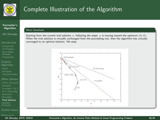 Complete Illustration of the Algorithm

 Karmarkar’s
  Algorithm
                   More iterations
AK Dhamija
                   Starting from the current trial solution x, following the steps, x is moving toward the optimum (0, 8).
                   When the trial solution is virtually unchanged from the proceeding one, then the algorithm has virtually
Introduction       converged to an optimal solution. We stop.
Complexity
LP Problem
Klee-Minty
Example
Comparison

Original
Algorithm
Steps
Iterations
Transformation

Aﬃne Variant
Three Concepts
Example
Concepts 1 & 2
& 3: Centering
Iterations
Rescaling
Final Solution
Another
Example

Further Issues

References
   AK Dhamija, DIPR, DRDO             Karmarkar’s Algorithm, An Interior Point Method of Linear Programming Problem           39/44
 