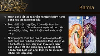 Karma
❖ Hành động tốt tạo ra nhiều nghiệp tốt hơn hành
động xấu tạo ra nghiệp xấu.
➢ Điều tốt là một rung động ít đậm đặc hơn, ảnh
hưởng đến các cõi cao hơn và mạnh mẽ hơn. Khi
ném một lực bằng nhau thì vật nhẹ đi xa hơn vật
nặng.
➢ Những người chưa tiến hóa có xu hướng lấp đầy
cuộc sống của họ bằng nhiều hành động xấu xa và
ít hành động tốt đẹp. May mắn thay, sức mạnh
của nghiệp tốt cho phép ngay cả những linh
hồn bướng bỉnh vẫn phát triển và đạt được lợi
ích từ mỗi kiếp sống.
 
