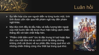 Luân hồi
➢ Sự tiến hóa của con người diễn ra từng bước một, tính
tình được uốn nắn qua hết phàm ngã này đến phàm
ngã khác.
➢ Mọi đức tính đều là dấu hiệu và biểu tượng bên ngoài
của một bước tiến đã được thực hiện bằng cách chiến
thắng đối với bản chất thấp hèn.
➢ “Phẩm chất bẩm sinh” tức là đặc trưng trí tuệ hoặc đạo
đức của một đứa trẻ sơ sinh chính là bằng chứng
không chối cãi được về sự phấn đấu trong quá khứ với
những chiến thắng cũng như thất bại trong quá khứ.
 