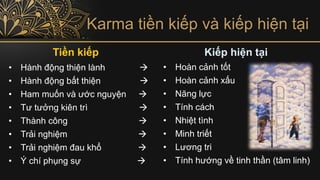 Karma tiền kiếp và kiếp hiện tại
Tiền kiếp
• Hành động thiện lành →
• Hành động bất thiện →
• Ham muốn và ước nguyện →
• Tư tưởng kiên trì →
• Thành công →
• Trải nghiệm →
• Trải nghiệm đau khổ →
• Ý chí phụng sự →
Kiếp hiện tại
• Hoàn cảnh tốt
• Hoàn cảnh xấu
• Năng lực
• Tính cách
• Nhiệt tình
• Minh triết
• Lương tri
• Tính hướng về tinh thần (tâm linh)
 