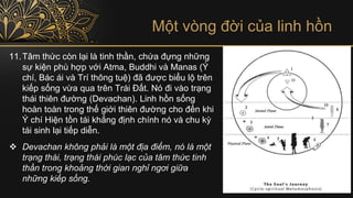 Một vòng đời của linh hồn
11.Tâm thức còn lại là tinh thần, chứa đựng những
sự kiện phù hợp với Atma, Buddhi và Manas (Ý
chí, Bác ái và Trí thông tuệ) đã được biểu lộ trên
kiếp sống vừa qua trên Trái Đất. Nó đi vào trạng
thái thiên đường (Devachan). Linh hồn sống
hoàn toàn trong thế giới thiên đường cho đến khi
Ý chí Hiện tồn tái khẳng định chính nó và chu kỳ
tái sinh lại tiếp diễn.
❖ Devachan không phải là một địa điểm, nó là một
trạng thái, trạng thái phúc lạc của tâm thức tinh
thần trong khoảng thời gian nghỉ ngơi giữa
những kiếp sống.
 
