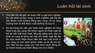 Luân hồi tái sinh
▪ Cho đến khi đã gặt hái được hết vụ gặt kinh nghiệm
thì cần phải có dục vọng vì kinh nghiệm gặt hái đó
cần được nuôi dưỡng bằng dục vọng, và sự tăng
trưởng mới có thể được nuôi dưỡng và duy trì.
➢ Do đó trong khi vẫn còn thiếu kinh nghiệm thì lòng
khao khát dục vọng vẫn khôn nguôi và Chân ngã sẽ
trở lại trần thế hoài hoài. Nhưng xiềng xích của nó
phải rơi rụng đi từng cái một khi Chân ngã đã đạt
tới mức hoàn thiện được đền thờ tạm của mình vì
dục vọng có tính cách phàm nhân và do đó ích kỷ,
cho nên khi dục vọng còn thôi thúc hành động thì
sự thanh trong của hành động còn bị ô nhiễm.
 