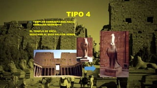 TIPO 4
 TEMPLOS CONSAGRADOS HACIA
ANIMALES SAGRADOS
EL TEMPLO DE EDFU,
DEDICADO AL DIOS HALCON HORUS
 