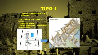 TIPO 1
 TEMPLOS CONSAGRADOS A UNA
DIVINIDAD
LOS TEMPLOS DE KARNAK Y
LUXOR
- TEMPLO DE AMON
TEMPLO DE KARNAK _ ADORACION
AL DIOS AMON
 