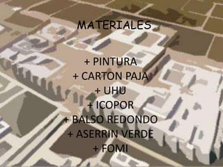 MATERIALES
+ PINTURA
+ CARTON PAJA
+ UHU
+ ICOPOR
+ BALSO REDONDO
+ ASERRIN VERDE
+ FOMI
 