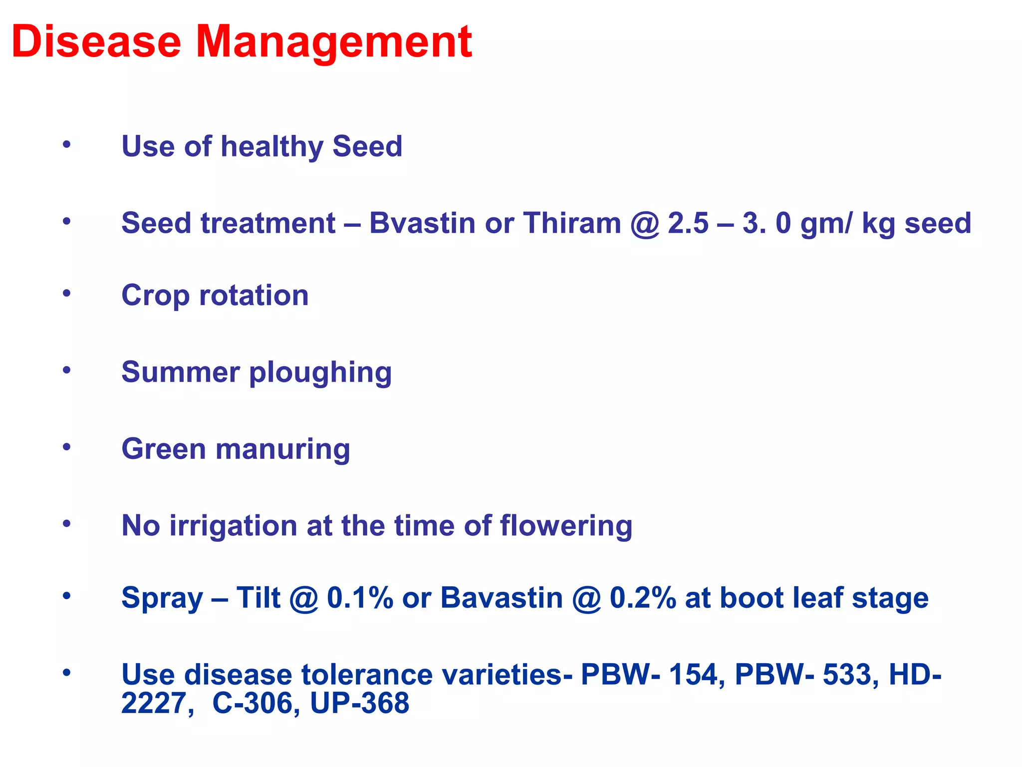 Disease Management
• Use of healthy Seed
• Seed treatment – Bvastin or Thiram @ 2.5 – 3. 0 gm/ kg seed
• Crop rotation
• Summer ploughing
• Green manuring
• No irrigation at the time of flowering
• Spray – Tilt @ 0.1% or Bavastin @ 0.2% at boot leaf stage
• Use disease tolerance varieties- PBW- 154, PBW- 533, HD-
2227, C-306, UP-368
