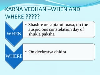 KARNA VEDHAN –WHEN AND
WHERE ?????
WHEN
• Shashte or saptami masa, on the
auspicious constelation day of
shukla paksha
WHERE
• On devkratya chidra
 