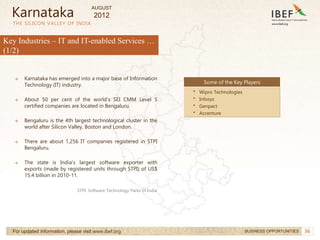 36
36
THE SILICON VALLEY OF INDIA
For updated information, please visit www.ibef.org BUSINESS OPPORTUNITIES
Key Industries – IT and IT-enabled Services …
(1/2)
Some of the Key Players
• Wipro Technologies
• Infosys
• Genpact
• Accenture
→ Karnataka has emerged into a major base of Information
Technology (IT) industry.
→ About 50 per cent of the world's SEI CMM Level 5
certified companies are located in Bengaluru.
→ Bengaluru is the 4th largest technological cluster in the
world after Silicon Valley, Boston and London.
→ There are about 1,256 IT companies registered in STPI
Bengaluru.
→ The state is India’s largest software exporter with
exports (made by registered units through STPI) of US$
15.4 billion in 2010-11.
Karnataka
STPI: Software Technology Parks of India
AUGUST
2012
 