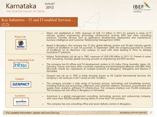 37
37
THE SILICON VALLEY OF INDIA
For updated information, please visit www.ibef.org BUSINESS OPPORTUNITIES
→ Wipro Ltd established in 1945; revenues of US$ 7.3 billion in 2011-12; present in areas of IT
services, product engineering, technology infrastructure services, BPO and other consulting
solutions. Provides services such as application development, deployment and maintenance,
business intelligence and Customer-Relationship Management (CRM).
→ Based in Bengaluru, the company has 72 plus global delivery centers and 50 plus industry specific
‘centers of excellence’ in over 54 countries. In September 2009, the company launched its Centre
of Excellence on its Electronic City campus; to work with other leading IT firms to develop
innovative IT solutions.
→ Infosys Technologies Ltd set up in 1981, revenues of US$ 6.99 billion in 2011-12. Present in areas
of IT consulting, modular global sourcing, process re-engineering and BPO services.
→ The company has 65 offices and 74 development centers in US, India, China, Australia, Japan, UK,
Germany, France, and many other countries; marketing and technological alliances with IBM, Intel,
Microsoft, Oracle etc; Operations at multiple locations at Bengaluru, Mangalore and Mysore in
Karnataka.
→ Genpact was set up in 1997 in India; formerly known as GE Capital International Services, the
company’s net revenues in 2011 stood at US$ 1.6 billion.
→ The company provides a wide range of business process, technology and knowledge services,
including finance and accounting, collections and customer relations, insurance, procurement and
supply chain, analytics, software, IT-infrastructure. The company employs over 55,400 employees.
The company has one office in Bengaluru in Karnataka.
Karnataka
→ Accenture is a global management consulting, technology services and outsourcing company,
with more than 246,000 people serving clients in more than 120 countries.
→ The company has one consulting office and seven delivery centers in Bengaluru.
Key Industries – IT and IT-enabled Services …
(2/2)
Wipro Ltd
Infosys Technologies Ltd
Genpact
Accenture
AUGUST
2012
 