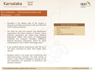 42
42
THE SILICON VALLEY OF INDIA
For updated information, please visit www.ibef.org BUSINESS OPPORTUNITIES
Key Industries – Telecommunications and
Electronics … (1/2)
→ Karnataka is the leading state of the country in
electronics and telecommunication with over 300 of the
world’s leading companies.
→ The state has high end research and development
organisations like Indian Institute of Science, Cosmic
Industrial Laboratories Ltd, Indian Space Research
Organization (ISRO), CSIR Centre for Mathematical
Modelling and Computer Simulation (CMMACS),
National Aerospace Laboratories, Centre for Liquid
Crystal Research, John F. Welch Technology Centre.
→ It has excellent telecom infrastructure with 140 out of
170 towns connected by Optic Fibre Cables (OFC)
network.
→ Bengaluru district is the major hub of electronics and
telecommunications industries. The other districts of
Hassan, Tumkur, Mysore, Mangalore, Shimoga are the
new destinations for promotion of electronics and
hardware industries.
Some of the Key Players
• Bharat Electronics Ltd
• Nokia
• Siemens
• Philips Electronics India Ltd
Karnataka
AUGUST
2012
 