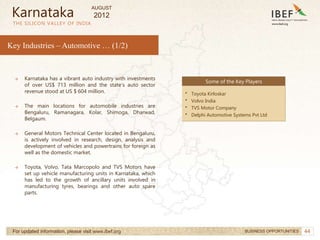 44
44
THE SILICON VALLEY OF INDIA
For updated information, please visit www.ibef.org BUSINESS OPPORTUNITIES
Key Industries – Automotive … (1/2)
→ Karnataka has a vibrant auto industry with investments
of over US$ 713 million and the state’s auto sector
revenue stood at US $ 604 million.
→ The main locations for automobile industries are
Bengaluru, Ramanagara, Kolar, Shimoga, Dharwad,
Belgaum.
→ General Motors Technical Center located in Bengaluru,
is actively involved in research, design, analysis and
development of vehicles and powertrains for foreign as
well as the domestic market.
→ Toyota, Volvo, Tata Marcopolo and TVS Motors have
set up vehicle manufacturing units in Karnataka, which
has led to the growth of ancillary units involved in
manufacturing tyres, bearings and other auto spare
parts.
Some of the Key Players
• Toyota Kirloskar
• Volvo India
• TVS Motor Company
• Delphi Automotive Systems Pvt Ltd
Karnataka
AUGUST
2012
 