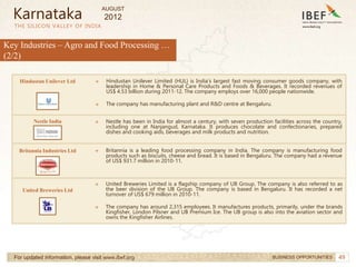 49
49
THE SILICON VALLEY OF INDIA
For updated information, please visit www.ibef.org BUSINESS OPPORTUNITIES
→ Hindustan Unilever Limited (HUL) is India's largest fast moving consumer goods company, with
leadership in Home & Personal Care Products and Foods & Beverages. It recorded revenues of
US$ 4.53 billion during 2011-12. The company employs over 16,000 people nationwide.
→ The company has manufacturing plant and R&D centre at Bengaluru.
→ Nestle has been in India for almost a century, with seven production facilities across the country,
including one at Nanjangud, Karnataka. It produces chocolate and confectionaries, prepared
dishes and cooking aids, beverages and milk products and nutrition.
→ Britannia is a leading food processing company in India. The company is manufacturing food
products such as biscuits, cheese and bread. It is based in Bengaluru. The company had a revenue
of US$ 931.7 million in 2010-11.
Karnataka
Key Industries – Agro and Food Processing …
(2/2)
Hindustan Unilever Ltd
Nestle India
Britannia Industries Ltd
→ United Breweries Limited is a flagship company of UB Group. The company is also referred to as
the beer division of the UB Group. The company is based in Bengaluru. It has recorded a net
turnover of US$ 679 million in 2010-11.
→ The company has around 2,315 employees. It manufactures products, primarily, under the brands
Kingfisher, London Pilsner and UB Premium Ice. The UB group is also into the aviation sector and
owns the Kingfisher Airlines.
United Breweries Ltd
AUGUST
2012
 